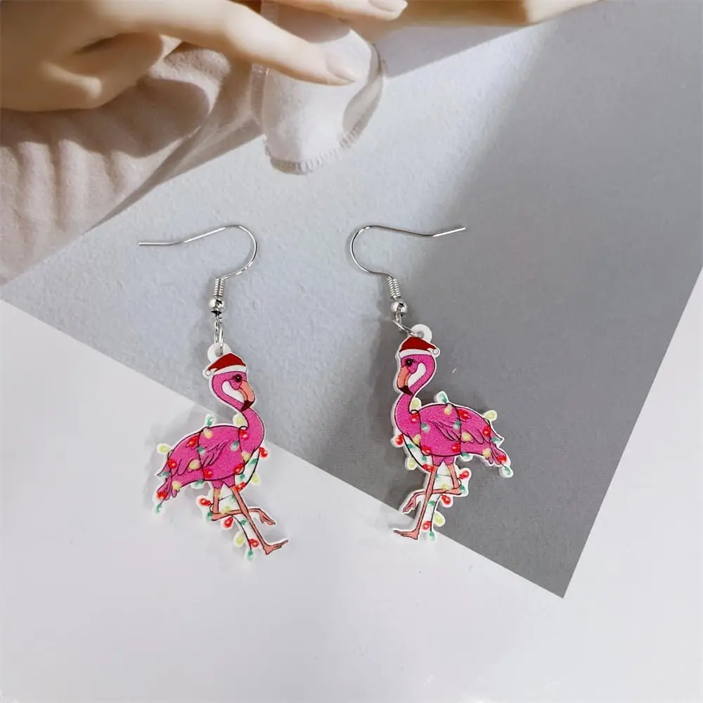 Women's Cute Flamingo Santa Hat Christmas Acrylic Dangle Earrings - Hypoallergenic, Lightweight Animal Hook Jewelry for Party Gifting, Wedding