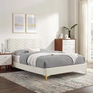 Modway Leah Chevron Tufted Performance Velvet Twin Platform Bed in White