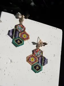 Honeycomb Beaded Jewelry Set Earrings Necklace Bee Charm