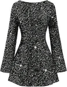 Sequin Backless Mini Dress, Valentine's Day Outfits,Women's Sequin Bodycon Dress Fall Winter Velvet Warm Long Sleeve Crew Neck Sexy Backless Glitter Slit Mini Dress