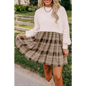 Beige Plaid Patchwork High Waist Sweatshirt Mini Dress