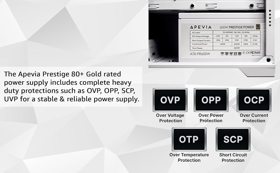 ATX-PR600W-WH Prestige 600W 80+ Gold Certified, RoHS Compliance, Active PFC ATX Gaming Power Supply White