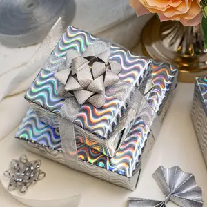 Holographic Foil Wrapping Paper, Silver Wavy Design Thick Gift Wrap Paper Roll for Wedding Bridal Shower Birthday Christmas New Year Celebration - 17 Inches x 32.8 Feet