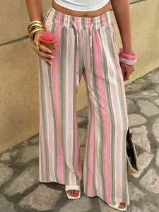 Ladies' Vertical Stripe Elastic Waist Pants, Comfy Chic Casual Palazzo Pants For Daily & Vacation, Womenswear
