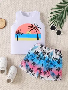 Two-piece Set Boy's Plam Tree Print Tank Top & Shorts Sweater Co-ord Set without Shoes, Casual Sleeveless Top & Shorts for Summer, Kids Clothes for Daily Wear Clothing Set, Matching Outfit Set