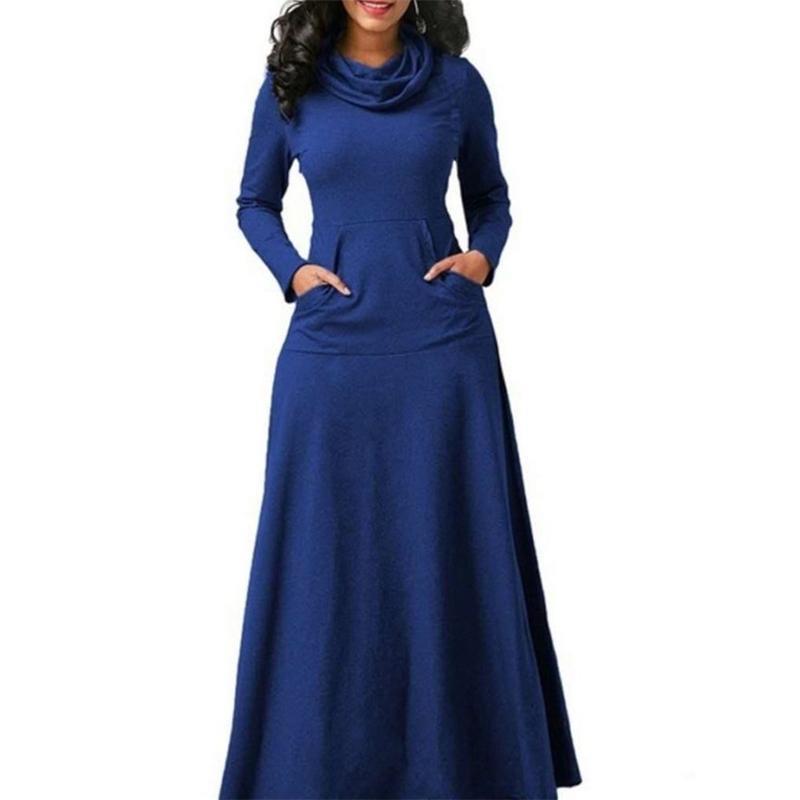 Autumn Winter Solid Color Patchwork Pocket Scarf Long Dress Casual ...