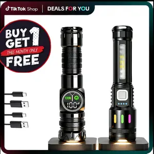 2 Pack Ultra-Bright Rechargeable Flashlight with 7 Light Modes Emergency White Red & Blue Alarm Lights IPX6 Waterproof Powerful Handheld for Camping Home Emergencies