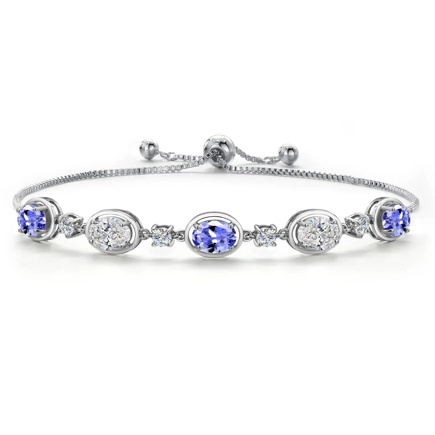 4.05 Cttw Blue Tanzanite and and Lab Grown Diamond Bracelet For Women | 925 Sterling Silver | Gemstone December Birthstone | Oval 7X5MM | DEF Color | VVS-VS Clarity | Fully Adjustable 9 Inch