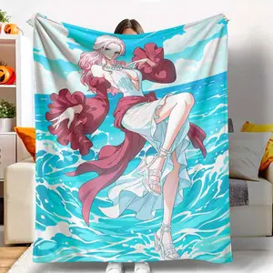 Ocean Goddess Flannel Blanket Elegant Anime Style Sea Breeze Illustration Pattern Soft Cozy Warm Lightweight Throw for Bedroom Sofa Travel Beach Picnic Gift Decor