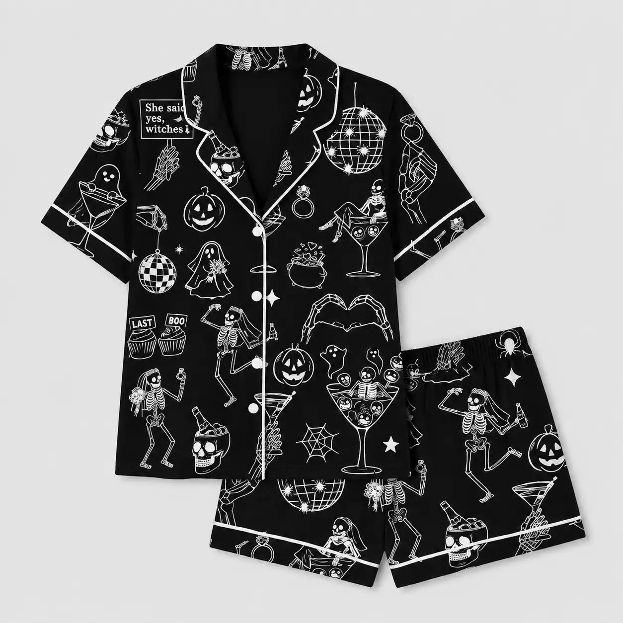 Women’s Halloween Skeleton Pajama Set, Spooky Black Short Sleeve Button Up Sleepwear, Ghost Pumpkin Witchy Lounge Shorts Set