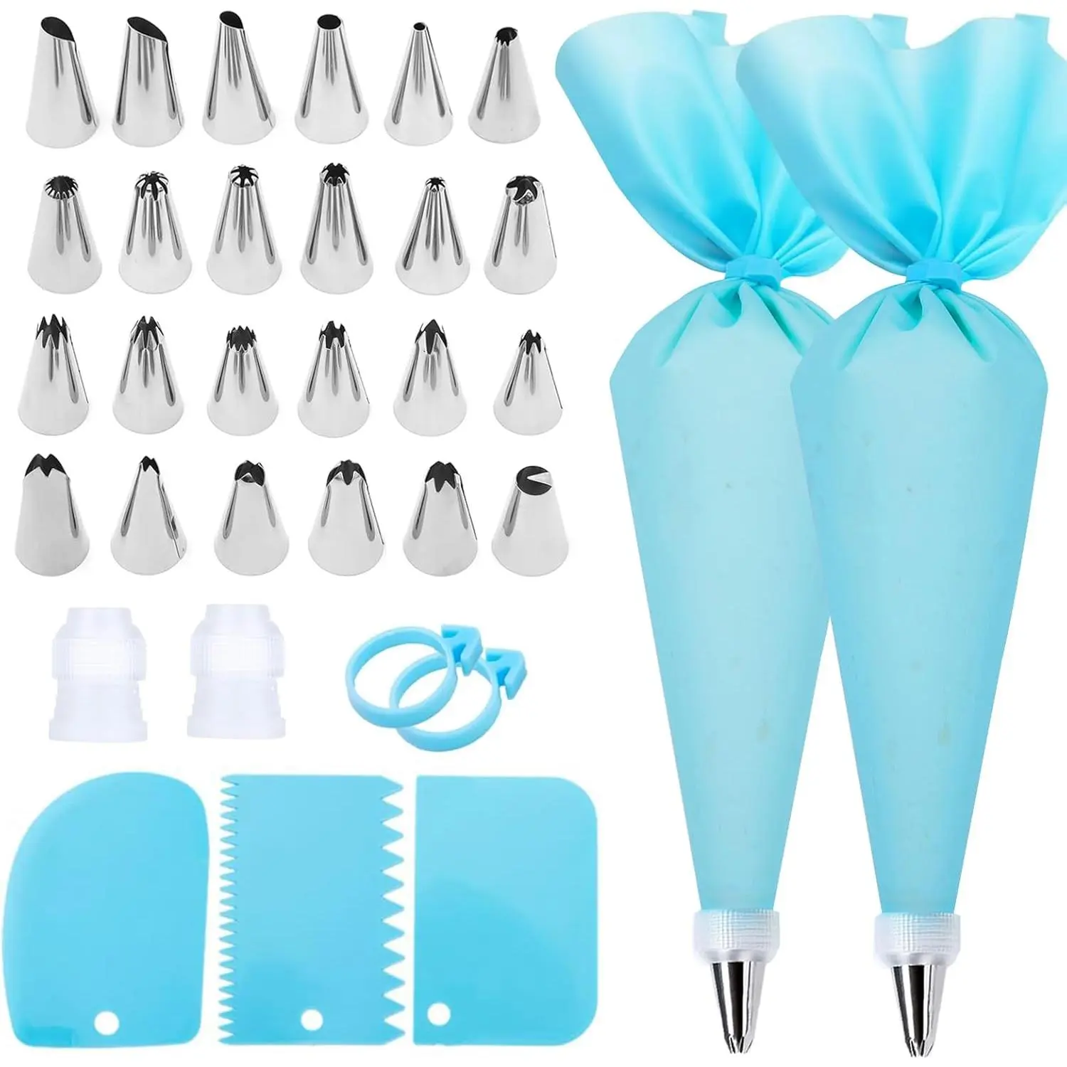 Piping Bags and Tips Set, Cake Decorating Kit with 2  Piping Bags, 24 Icing Tips, 2 Couplers, 3 Scrapers 2  Rings, Cupcake Decorating Kits Cake Piping Tips Frosting Piping Kit