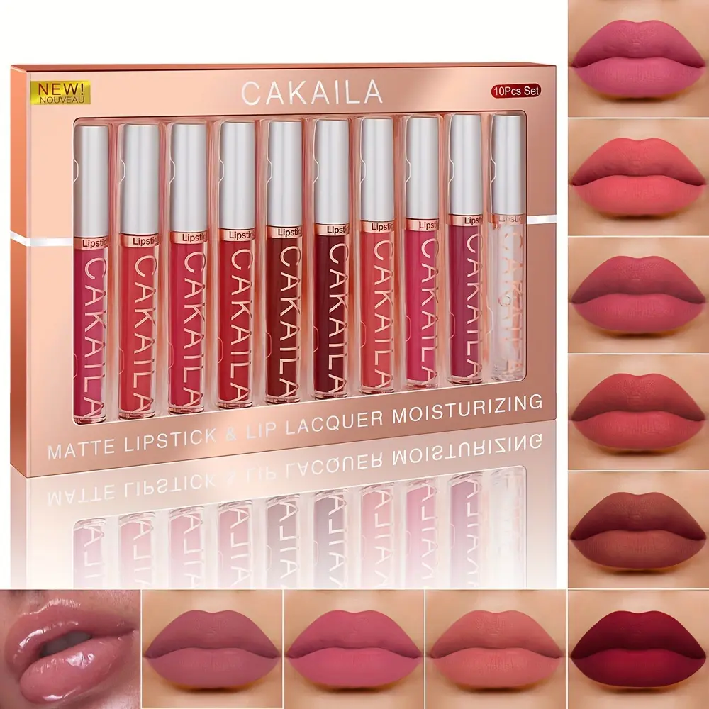 CAKAILA 10pcs Velvet Matte Waterproof Lip Gloss Set, Moisturizing Lip Tint, Soft Matte Lipstick, Long-Lasting Non-Sticky, Easy to Apply, Professional Women Makeup, Holiday Gift