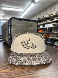 Antler Camo Trucker Hat | Hunting Style Snapback Cap | Embroidered Deer Antler Flat Bill Hat