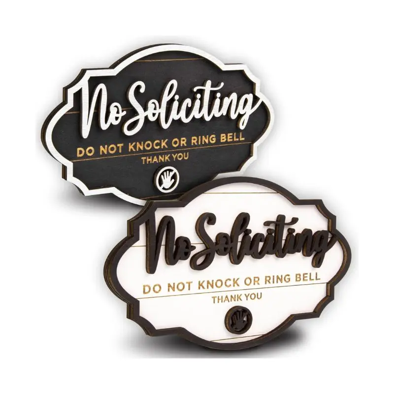 Funny “No Soliciting” Door Signs – 2-Pack Small Wooden Front Door Plaques, Hilarious Home & Office Hanging Signs, Please Do Not Knock or Ring Bell Decor