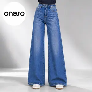 ONESO Women’s High Waisted Wide Leg Jeans, Light Blue Full Length Denim Pants