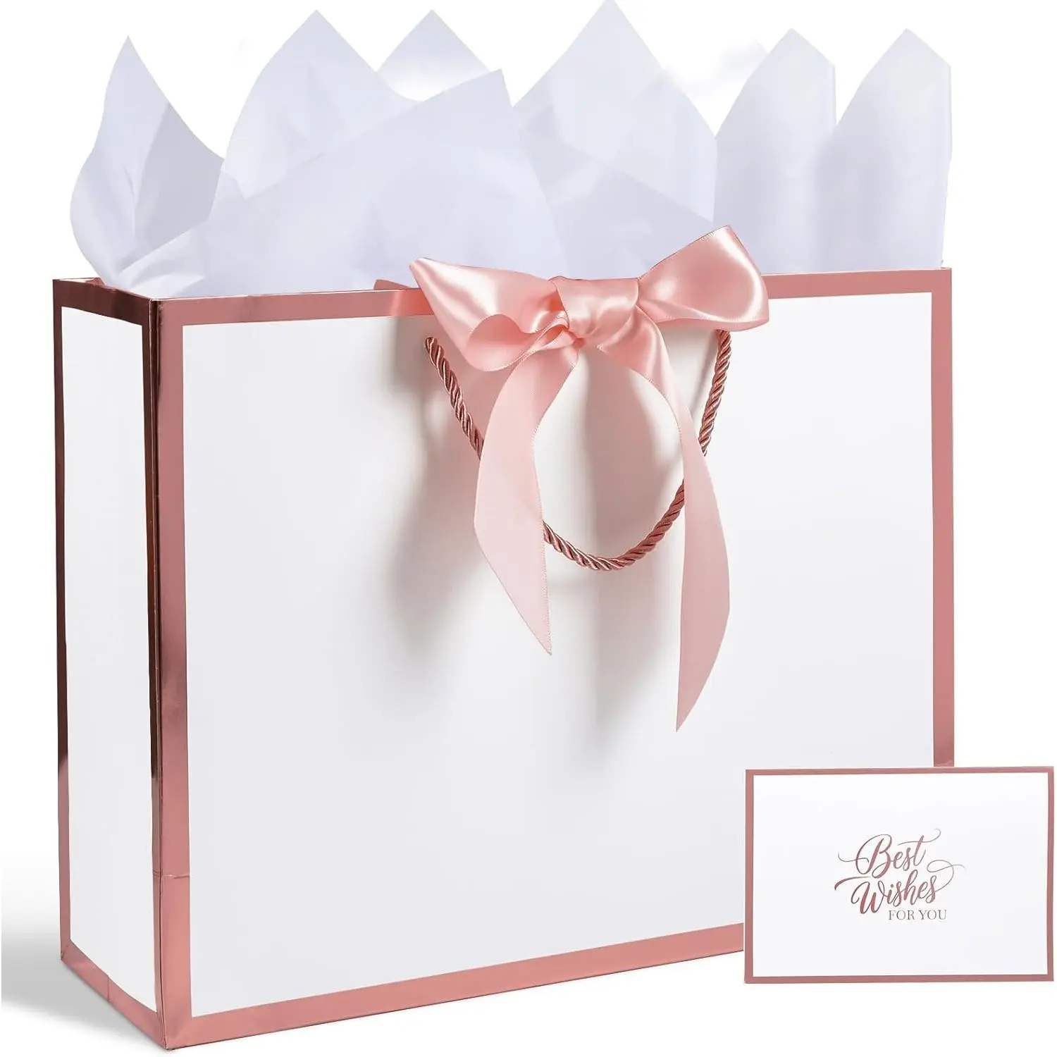 Rose White  Bag with Ribbon, 13" Large  Bag with Handle, Greeting Card & 2 Tissue Paper(Rose  Foil Frame) for Birthdays, Weddings, Bridal Showers, Engagements, Any Occasion
