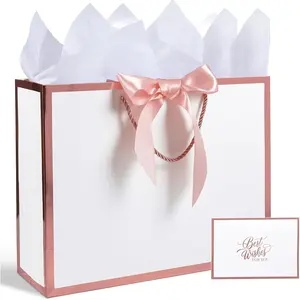 Rose White  Bag with Ribbon, 13" Large  Bag with Handle, Greeting Card & 2 Tissue Paper(Rose  Foil Frame) for Birthdays, Weddings, Bridal Showers, Engagements, Any Occasion