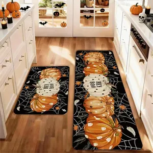 Halloween Kitchen Mats Set of 2, Pumpkin Design Non-Slip Low Height, Party Floor Pads for Home Kitchen Decoration, Kitchen Rug Set