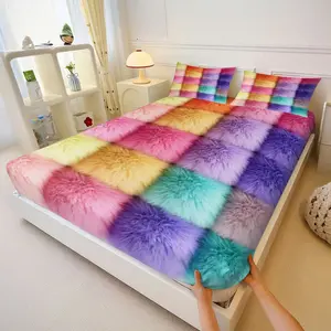 3PcsPastel Colors Fluffy Fitted Sheet Set, Soft and Cozy Bedding Set with Digital Print, Perfect for Vibrant Bedroom Decor, Ideal for Kids and Adult Spaces, Luxurious Microfiber Comfort, Includes 2 Pillowcases, No Pillow Core, Bed Sets Supplies