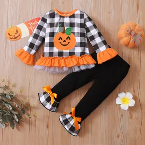 Kids Toddler Girl Halloween Outfit Plaid Pumpkin T-Shirts Pullover Sweatshirt Tops Flare Pants Set Fall Clothes