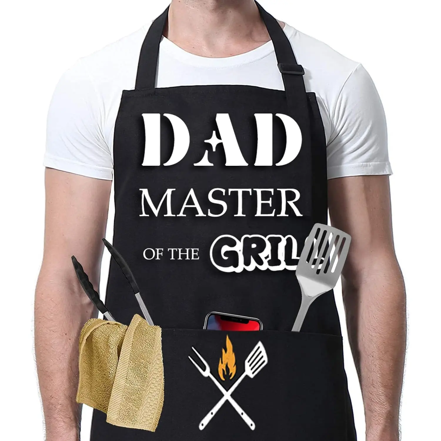 BBQ Apron for Men Dad Husband Boyfriend, Dad's Apron, Black Waterproof Chef Aprons with 2 Pockets, Personalised Adjustable Aprons for Grilling Cooking Kitchen Gardening