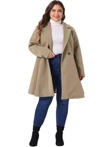 Agnes Orinda Plus Size Notched Lapel Double Breasted Long Trench Coat