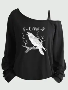 Plus Size Women's Loose-Fit Long Sleeve Cami Top, Asymmetrical Neckline, Letter Print, All Seasons, Sizes 1-8xl