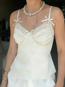 Elegant Satin Look Sleeveless Spaghetti Strap Crop Top with Contrast Lace and Bow, Y2K Aesthetic for Summer Fashion, Short Fit Casual Wear