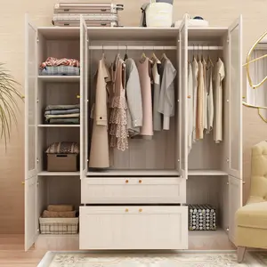 Armoire Wardrobe Closet with 4 Frosted Glass Doors, Hanging Bars, Shelves & Drawers, Wooden Closet Storage Cabinet for Bedroom Furniture Organization Modern Design