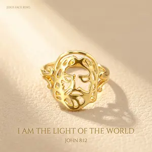 OLDT Cutout Jesus Portrait Ring, 14K Gold Plated Son of God Faith Band, Classic Christian Peace Jewelry, Religious Grace Gift (Sizes 6-9)
