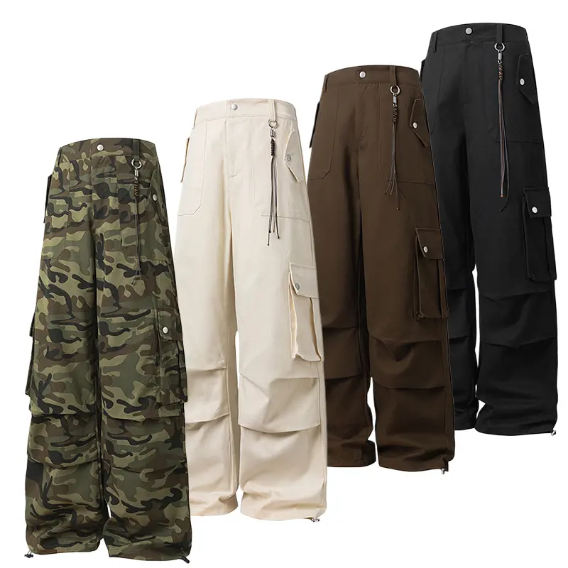 Men's Wide-Leg Cargo Pants, Workwear Style Button-Adorned Trousers in Cream Print with Multi-Pockets, Adjustable Cuffs, Machine Washable, Workwear Style Men's Pants, Machine Washable Men's Pants