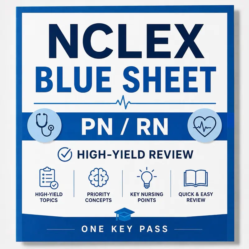 ONE KEY PASS NCLEX® Blue Category Sheets RN/PN Physical Study Guide High-Yield Review for Health Promotion & Management of Care
