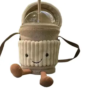 Cute Milk Tea Plush Cup Holder Soft Plush Fabric with Embroidered Details Durable Inner Lining Fits Most Standard Cups Perfect Gift for Bubble Tea Lovers