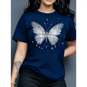 Women's Butterfly Pattern Printed T-Shirt - Shiny Purple Short Sleeve Round Neck Casual Top, 100% Polyester, Lightweight and Breathable, Machine Washable, Suitable for Spring and Summer