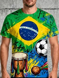 Men's Brazil Football T-Shirt with Flag and Samba Print, Loose Fit, Short Sleeve, Casual Wear, Large Size, All Seasons, Athletic Activewear