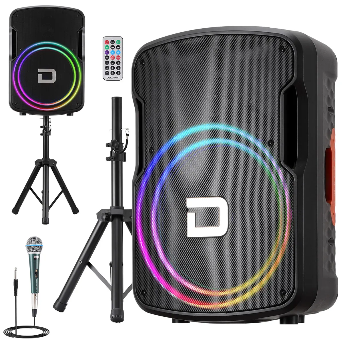 15 Inch Bluetooth Karaoke Party Speaker, Portable Rechargeable Speaker With RGB LED Light Support USB/TF/AUX/FM/TWS/EQ, Comes with Mic, Remote & Adjustable Tripod Stand