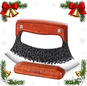 TIVOLI Ulu Knife with Wooden Stand, Japanese-Inspired Rocker Knife with Gift Box, Mezzaluna Knife & Pizza Cutter for Kitchen, Camping & BBQ, Unique Gift for Men
