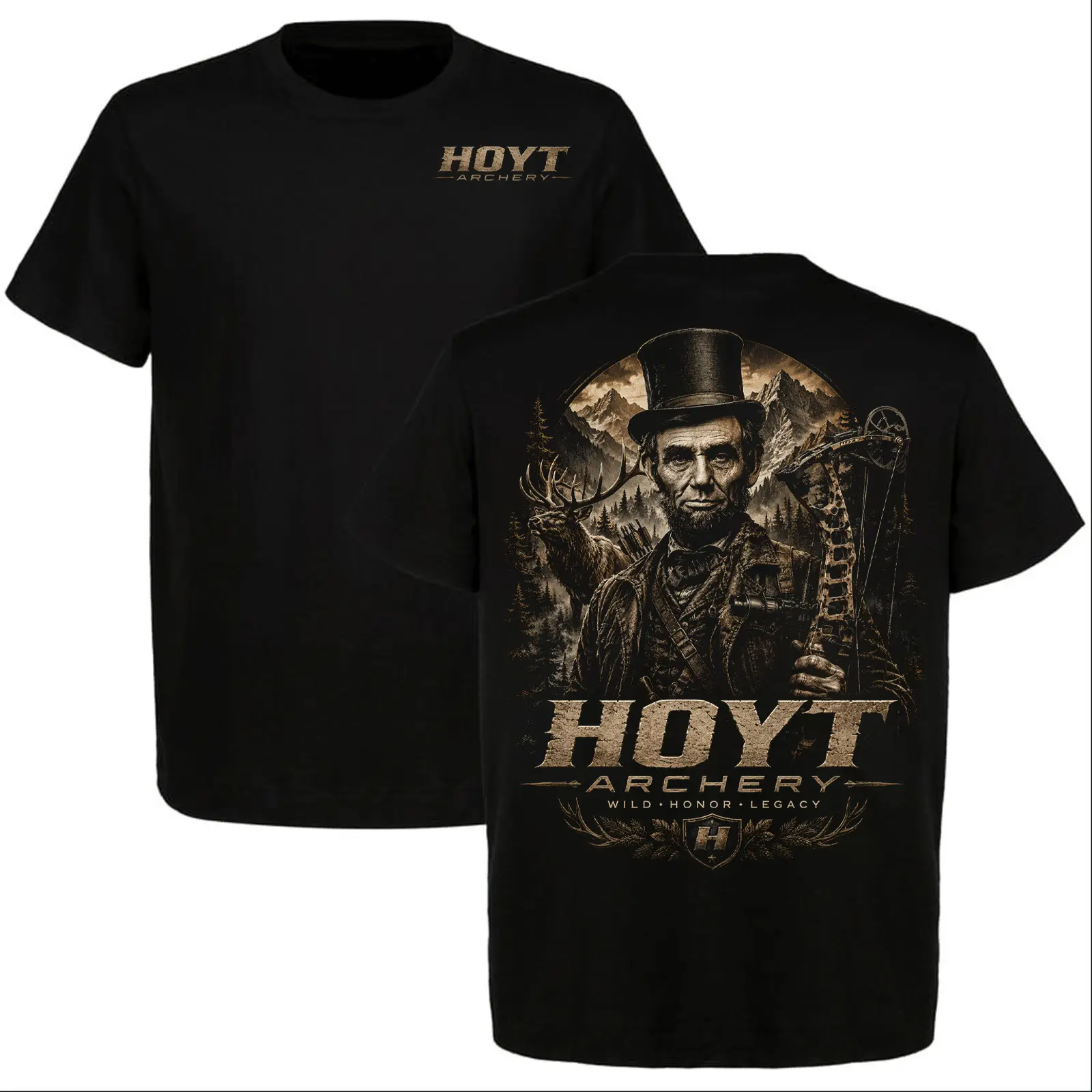 Hoyt Archery Abraham Lincoln Hunting T-Shirt, Wild Honor Legacy Compound Bow Graphic Tee, Patriotic Outdoorsman Gift for Men