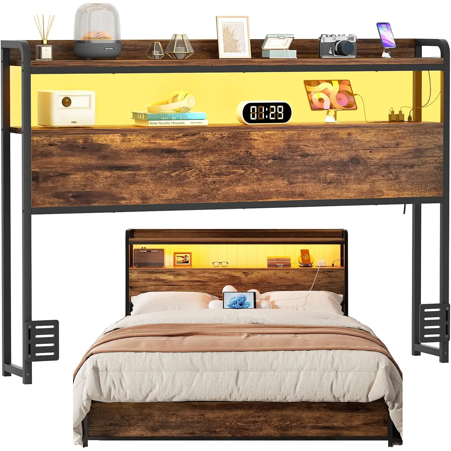 Cyclysio Rustic Brown Wood Headboard - Built-in Outlets, LED Lights, Height-Adjustable, Sturdy, Stable, with Storage, Multifunctional Modern Wooden Headboard for Indoor Bed Frames