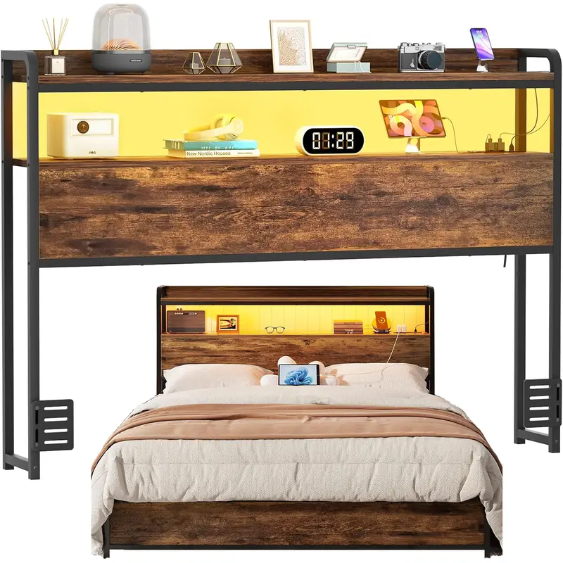 Cyclysio Headboard with Power Outlets ＆ LED Lights ＆ Storage, Height Adjustable, Sturdy and Stable, Rustic Brown