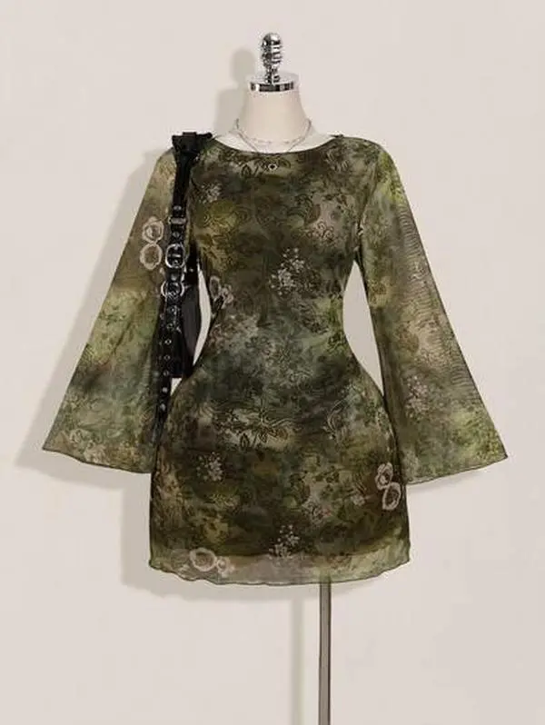 BAE Plus Size Women Dresses Fall, Women Long Sleeve Dresses, Y2k Vintage Paisley Mesh Bell Sleeve Sexy Festival Dress For Daily