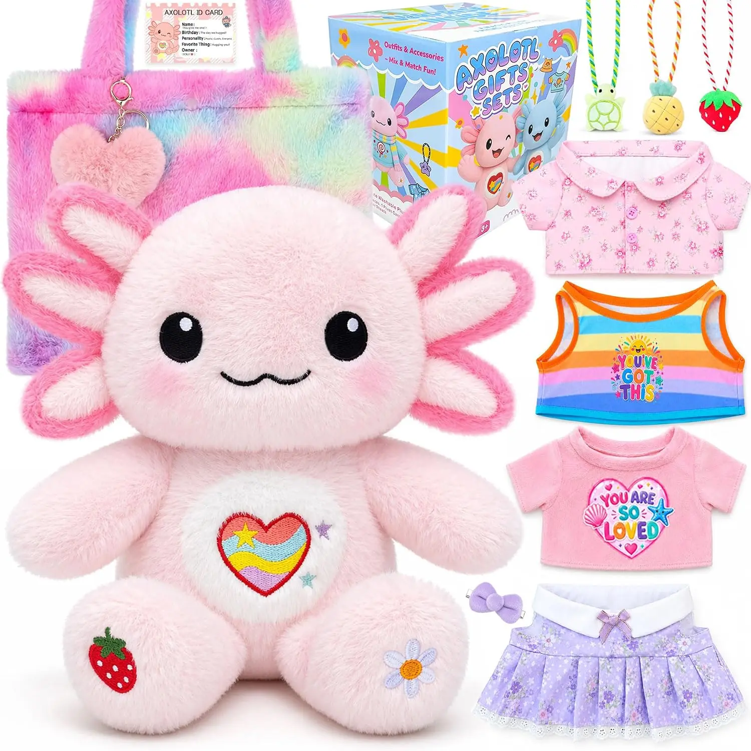 13-Inch kawaii stuffed animal Axolotl Plush Gift Set with Clothes & Accessories