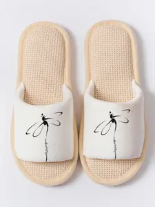 Dragonfly Ink Linen Slippers, Non-slip Breathable Lightweight All Season Home Shoes, Elegant Cozy House Slides for Women Men Family  Guest Daily Wear