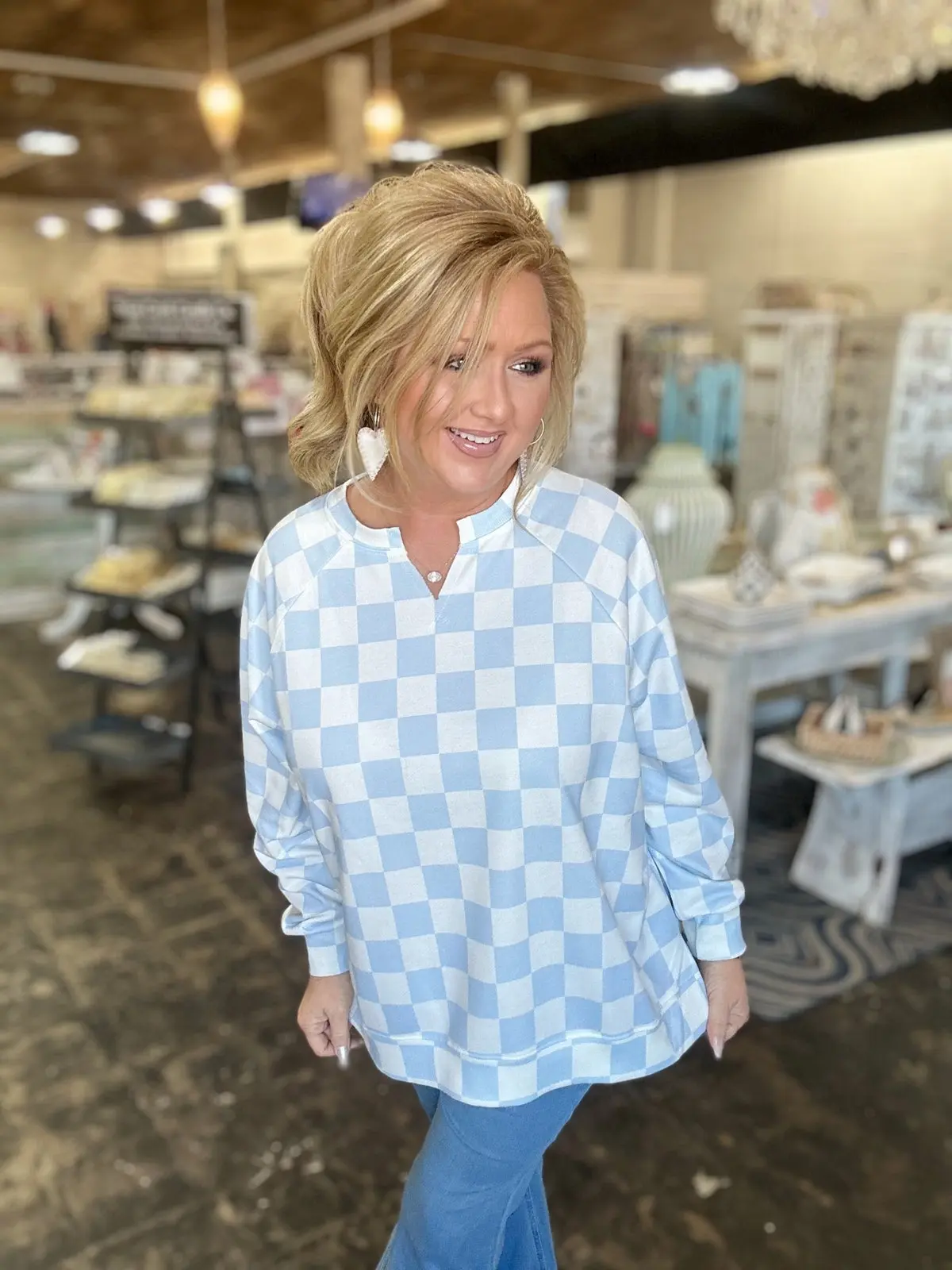 Women's Plaid Checkered Print French Terry Fabric Quarter-Zip Collar Long Sleeve Casual Wear Pullover Sweatshirt Top, Long Sleeves, Cozy Texture, Basic Style, Chill Out Women's Pullover Sweatshirts, Collared Top, Longsleeves, Clothes, Comfy Casual, Lady