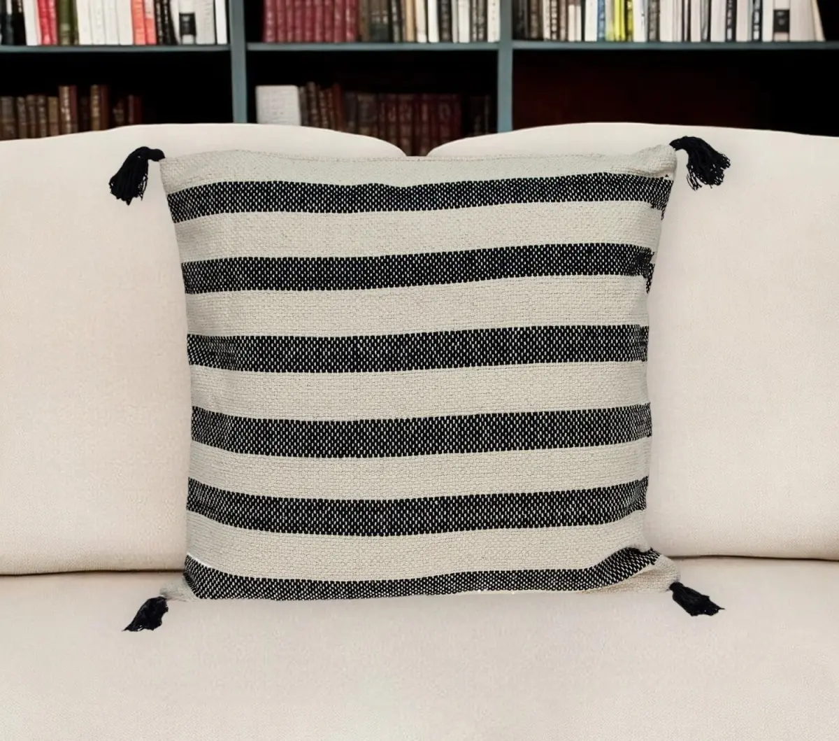 HomeRoots 24 in. Beige & Black Striped Cotton Square Throw Pillow with Tassels, Soft Removable Square Cushion (Model 529188), Soft Cushions