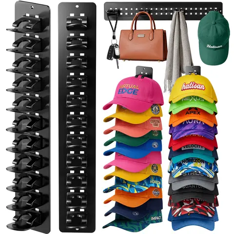 ABS 2-Piece Detachable DIY Baseball Cap Organizer Shelves - 2.7x16.7 in, Adhesive Tape, DIY Mount (Horiz/Vert), Wall/Closet Hold, 22 Hat Slots, Bedroom Decor (C-Black)