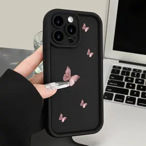 Pink Butterfly Pattern High Bamboo Black Shockproof Phone Case Compatible with iPhone 11 12 13 14 15 16 XS XR X 7 8 12 13 Mini Plus Pro Max SE Series Perfect Gift for Girlfriend Boyfriend Friends or Yourself Shockproof Case Smartphone Case