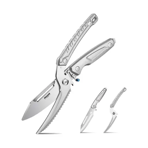 Huusk 7-in-1 Multi-Functional Stainless Steel Kitchen Scissors with 6-in-1 Base, Heavy-Duty Kitchen Gadgets, Serrated Blade, Peeler, Bottle Opener, Detachable Design, Safety Lock, Ideal Holiday Gift for Poultry, Meat