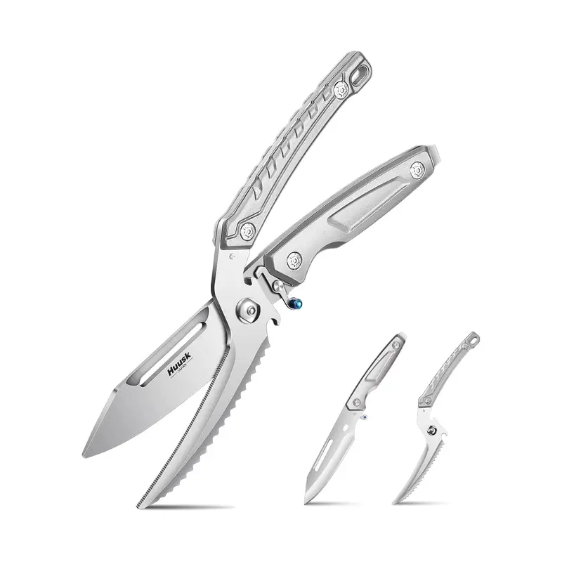Huusk 7-in-1 Multi-Functional Stainless Steel Kitchen Scissors with 6-in-1 Base, Heavy-Duty Kitchen Gadgets, Serrated Blade, Peeler, Bottle Opener, Detachable Design, Safety Lock, Ideal Holiday Gift for Poultry, Meat