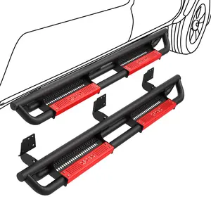 OEDRO 6 inch All Steel Running Boards Compatible with 2019-2026 Dodge Ram 1500 Crew Cab New Body, Bolt-on Side Steps with Paintable Step Plates, Powder Coated Black and High Gloss Red Nerf Bar